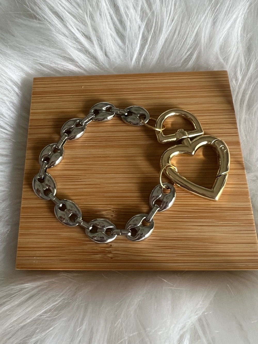 Two-Tone Heart Toggle Chain Bracelet, Gold & Silver Stainless Steel, Waterproof